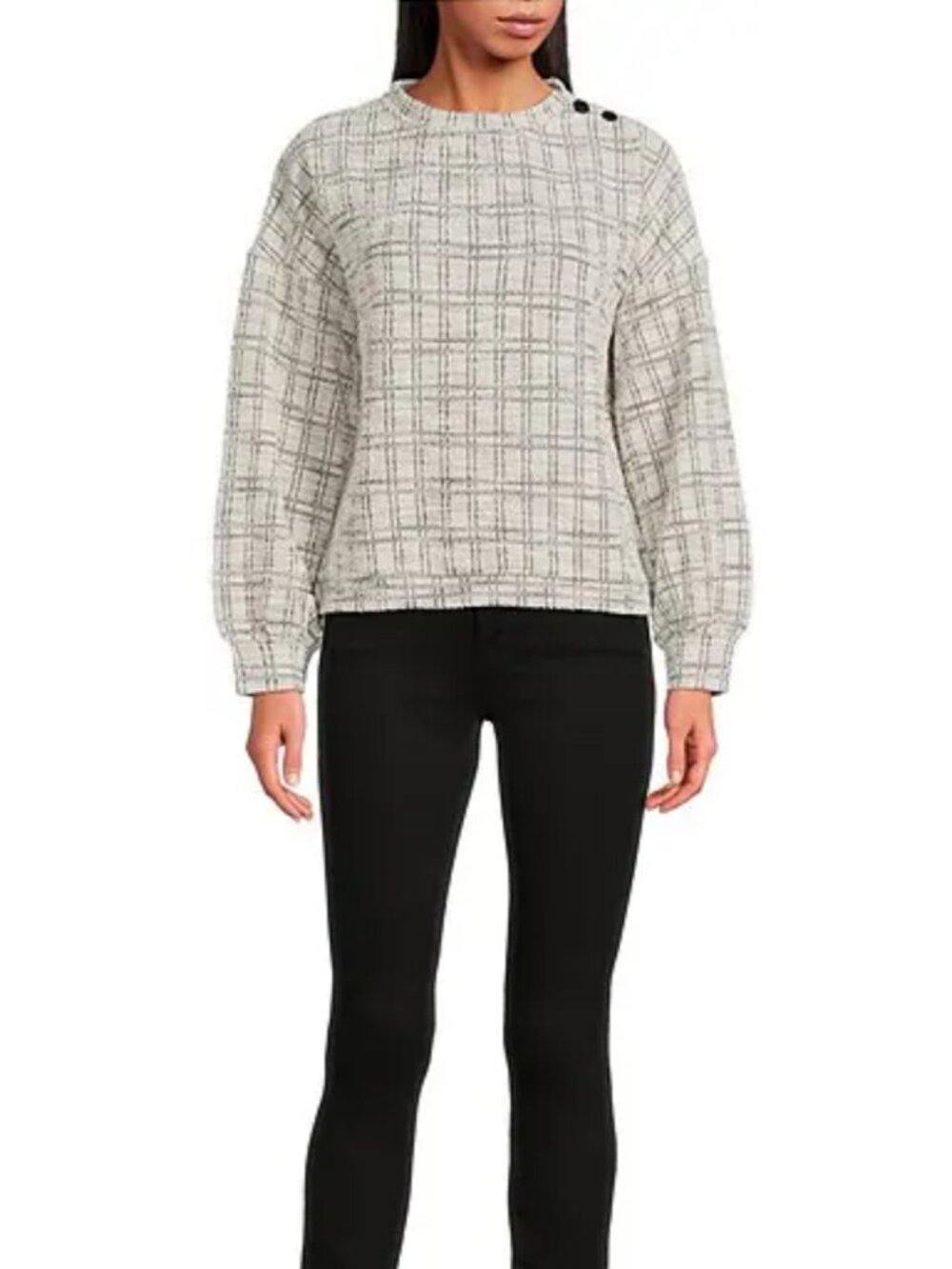 Buru Knit Pullover Casual Top XS Snappy Shoulder Plaid Ivory Black NWT
